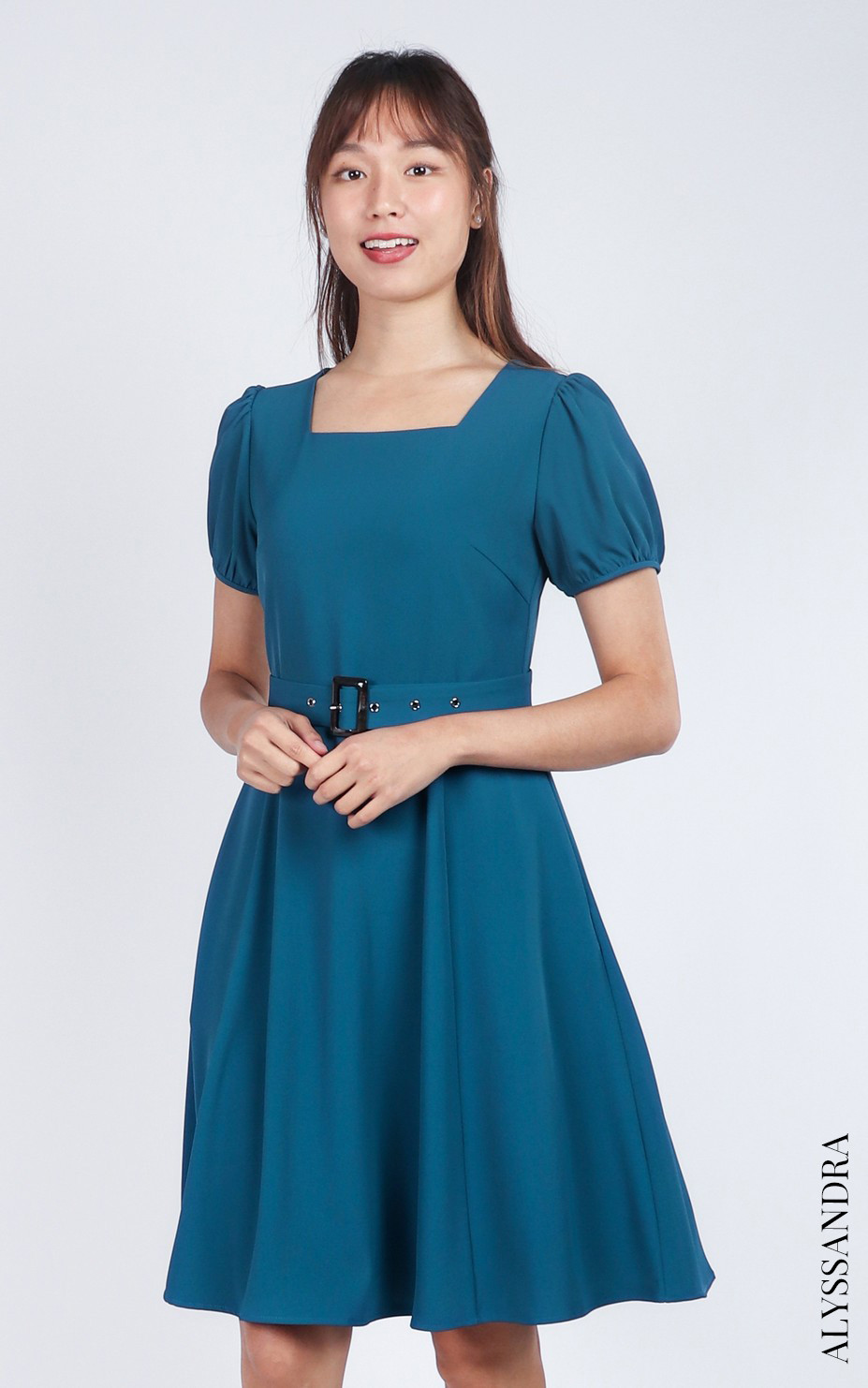 Mariste Belted Puff Sleeve Dress - Teal Blue