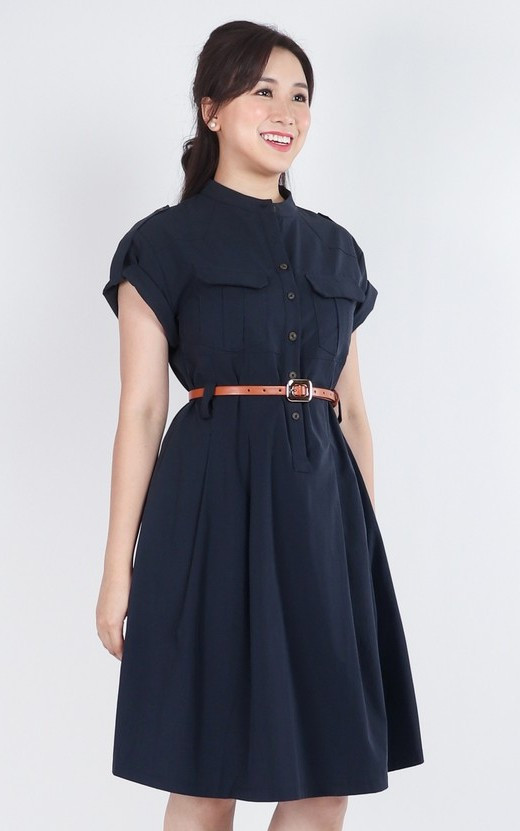 Zonia Cuffed Shirt Dress - Navy