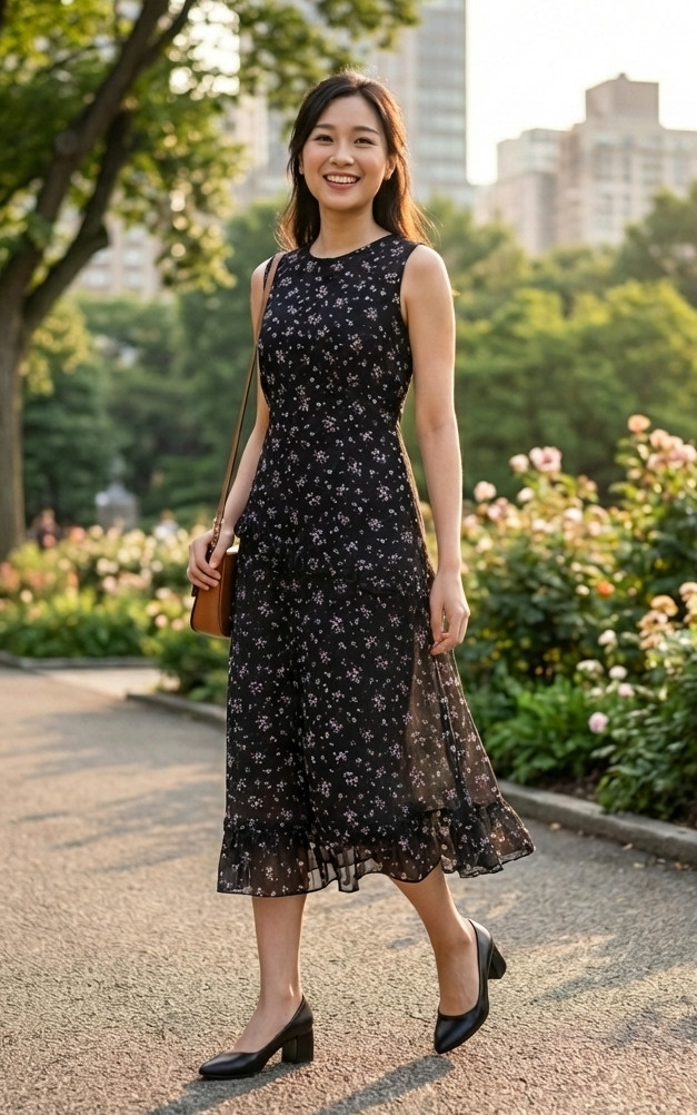 Estel Floral Chiffon Midi Dress - Black