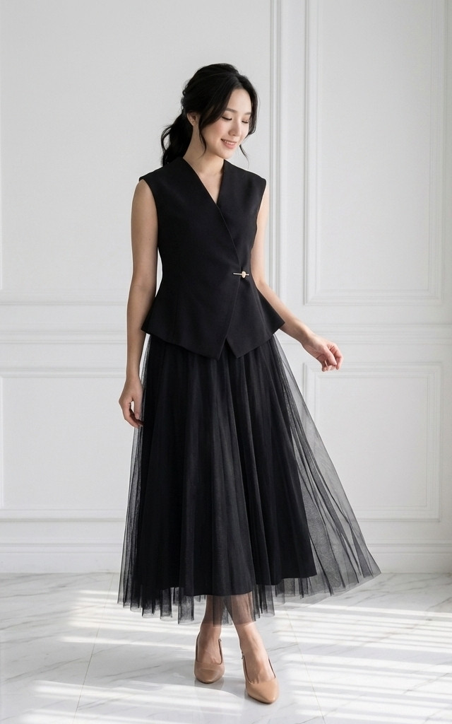 Yumi Tulle Midi Skirt - Black