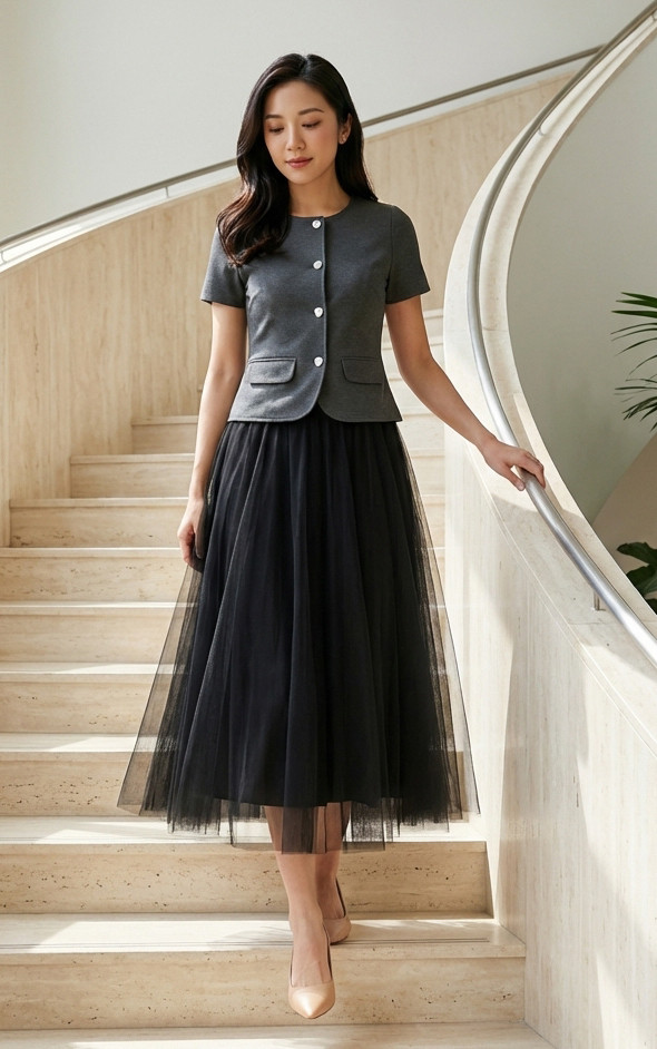 Aricia Button Sleeve Top - Heather Grey