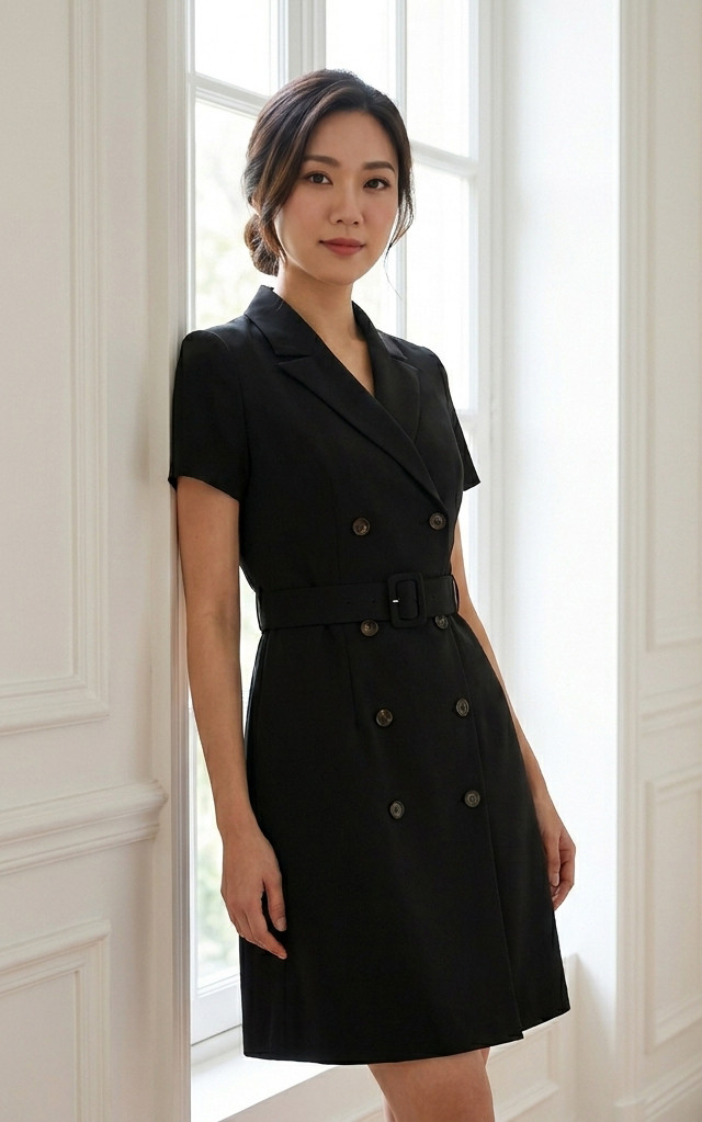 Lucienne Sleeved Tuxedo Dress - Black