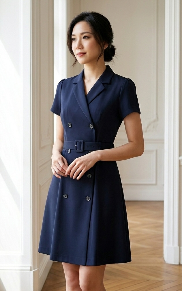 Lucienne Sleeved Tuxedo Dress - Navy