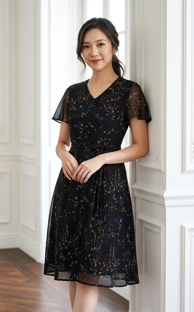 Hayley Flutter Sleeves Dress - Black