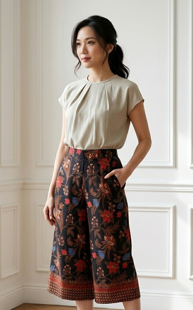 Amaya Batik Silky Culottes - Black Hibiscus/Orchid