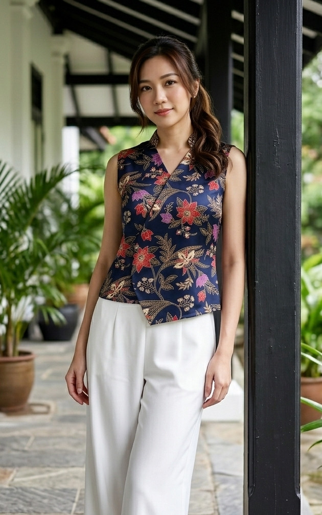 Amaya Batik Silky Top - Navy Hibiscus/Orchid