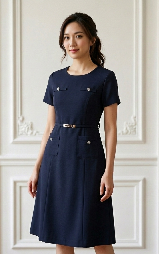 Freya Belted Pocket Work Dress - Navy
