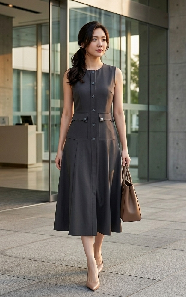 Leah Button Front Flare Midi Dress - Grey