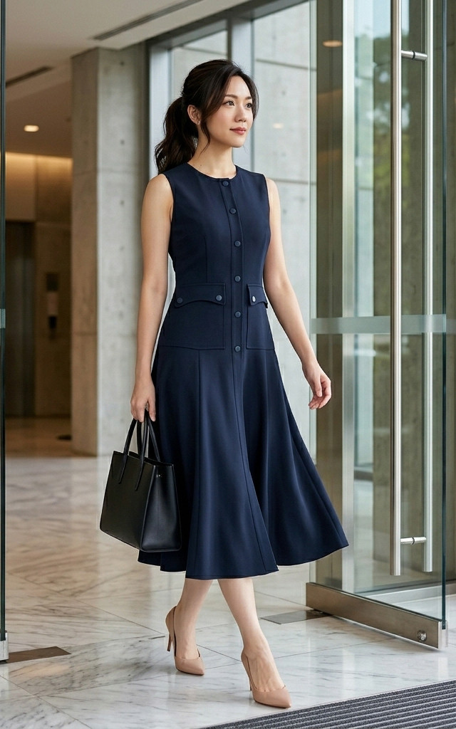 Leah Button Front Flare Midi Dress - Midnight Blue