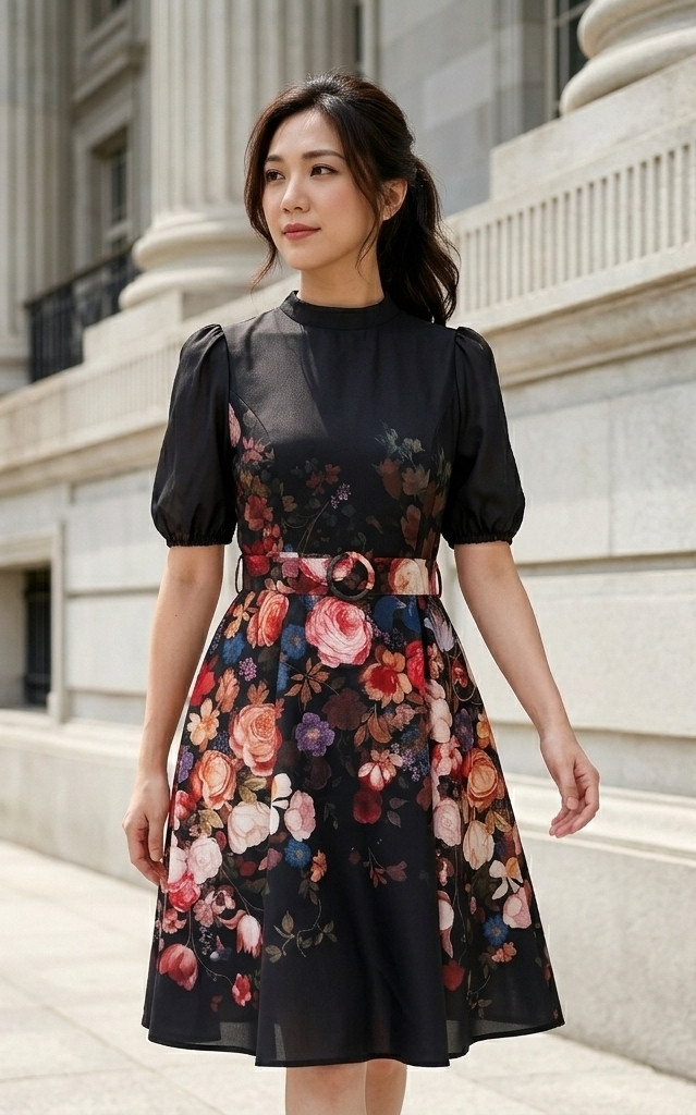 Poet Floral Placement Dress - Black