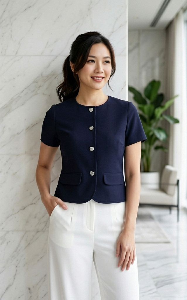 Aricia Button Sleeve Top - Navy