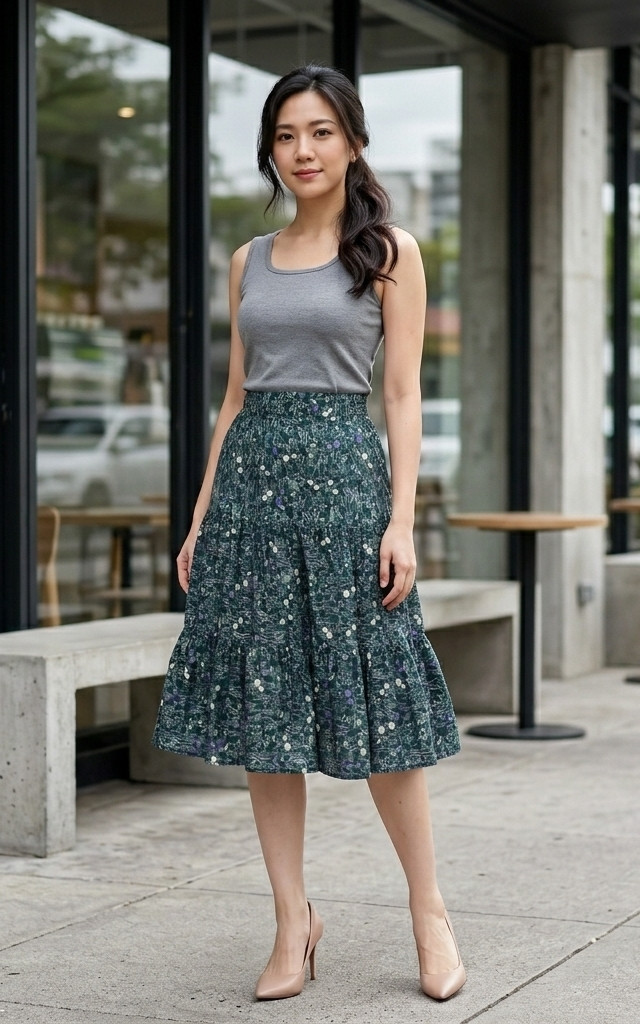 Lovie Floral Tiered Skirt - Forest Green