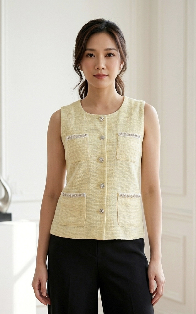 Remmi Pocket Tweed Top - Yellow