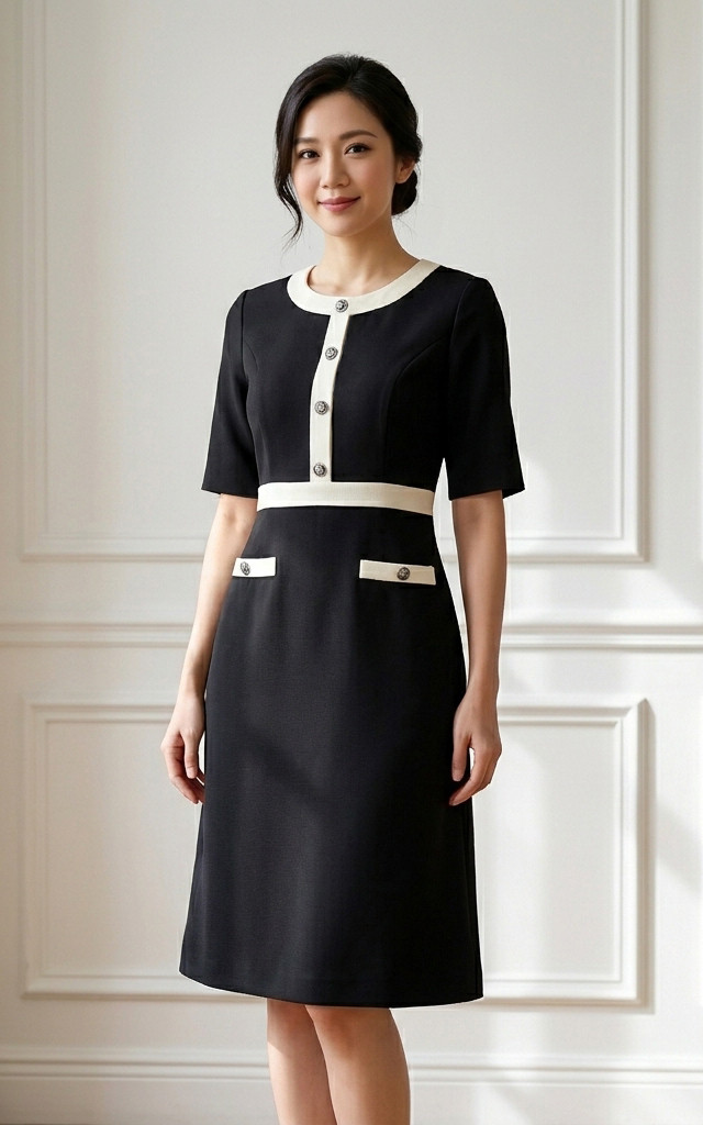Lora Contrast Trim Work Dress - Black