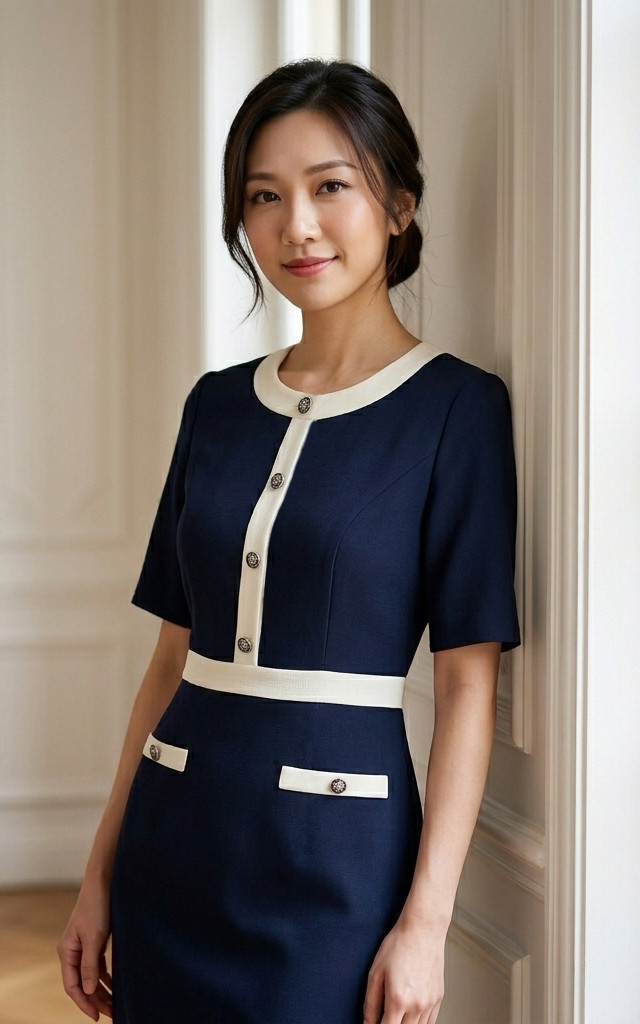 Lora Contrast Trim Work Dress - Navy