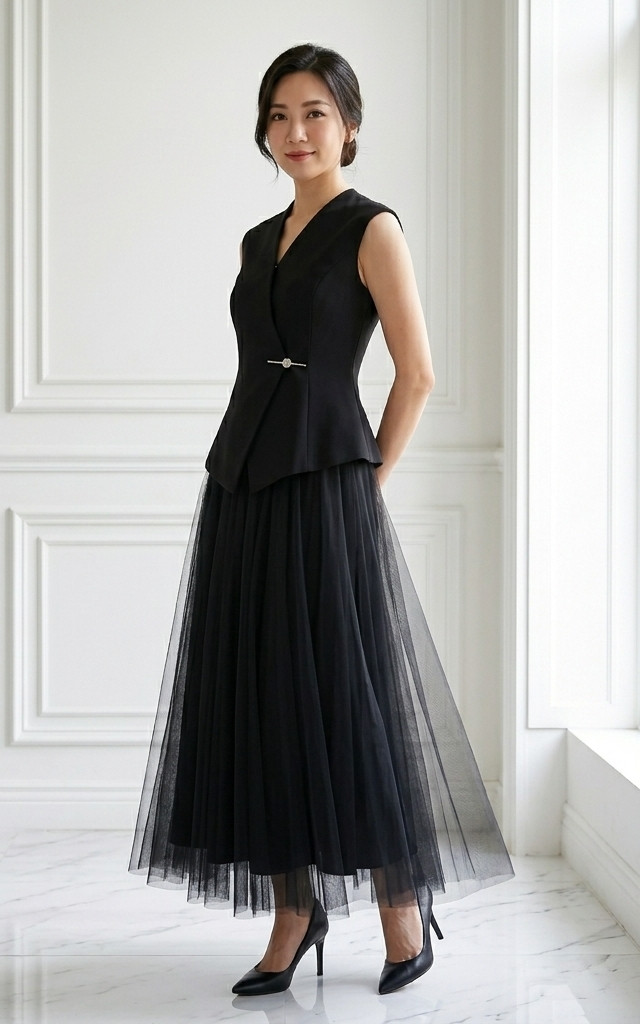 Yumi Tulle Midi Skirt - Black