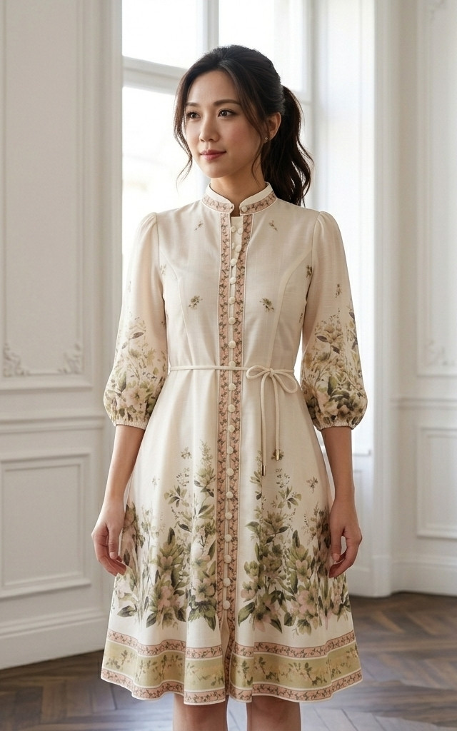 Pearline Floral Placement Dress - Cream