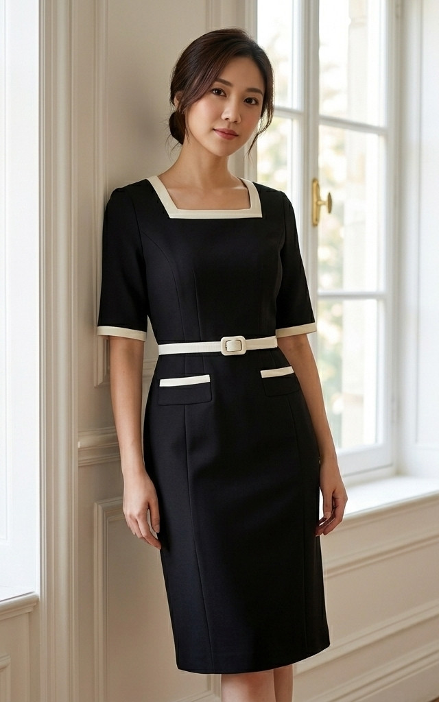 Elodie Contrast Square Neck Work Dress - Black