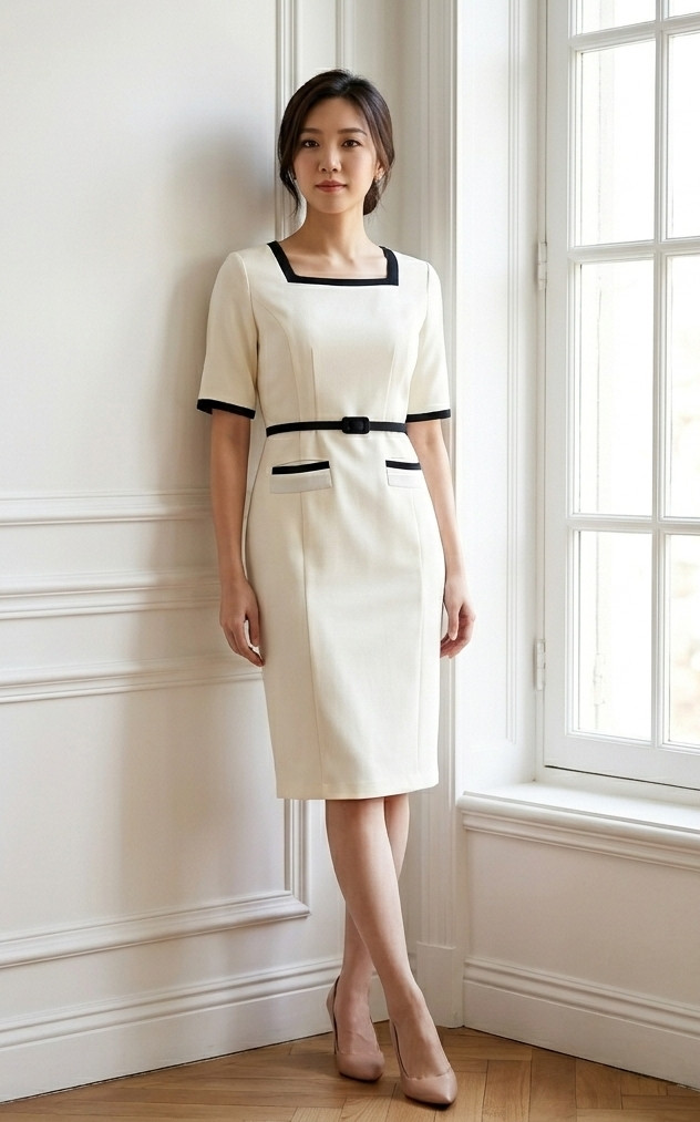 Elodie Contrast Square Neck Work Dress - Ivory