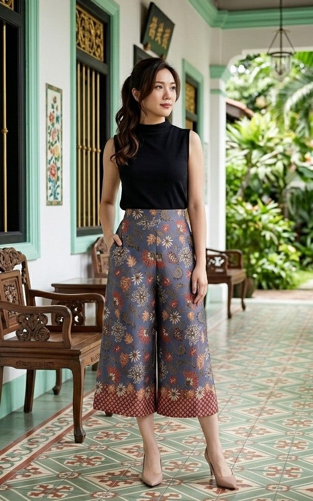 Mulberrie Batik Silky Culottes - Ash Blue Floral/Ferns