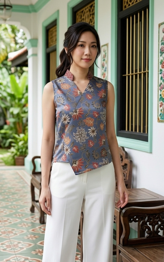 Mulberrie Batik Silky Top - Ash Blue Floral/Ferns