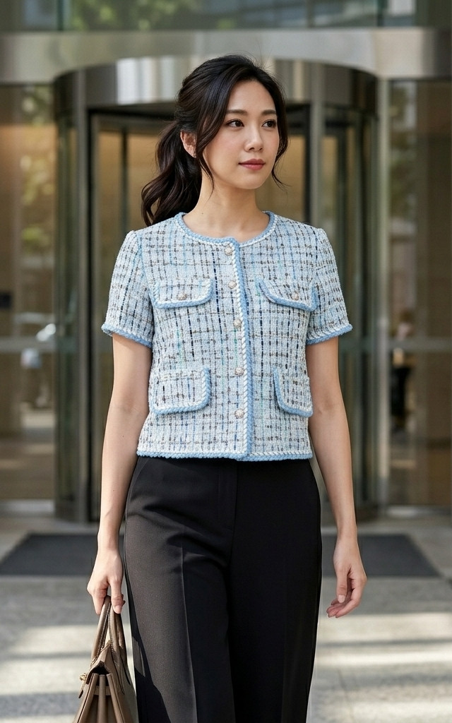 Junia Short Sleeve Tweed Jacket - Blue