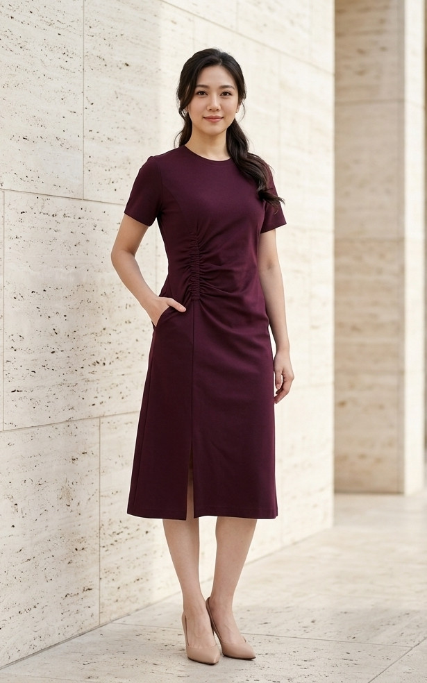 Nico Side Ruched Tee Dress - Burgundy