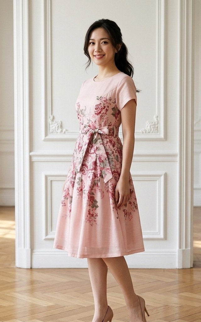 Kaitlyn Floral Placement Dress - Dusty Pink