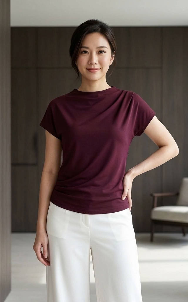 Beverly Asymmetrical Ruched Top - Burgundy