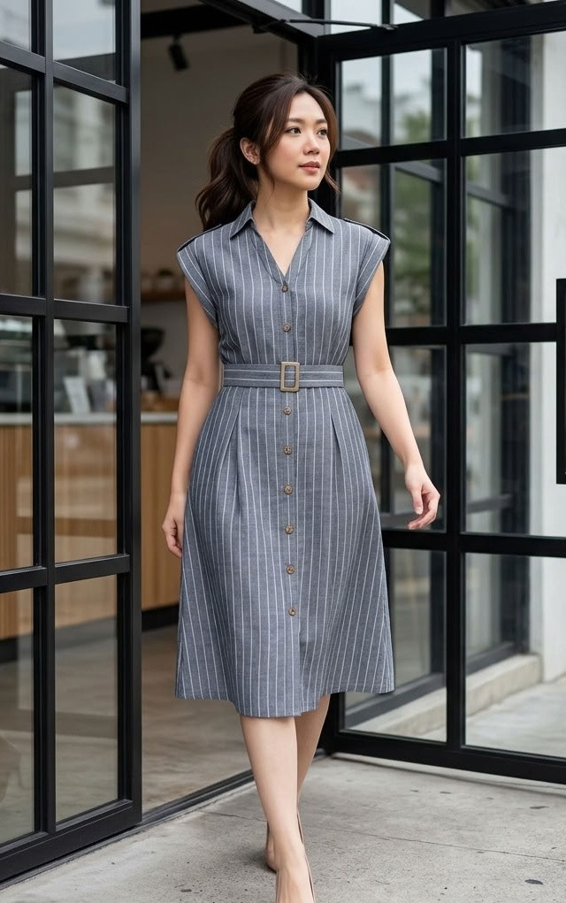 Bethea Striped Linen Dress - Steel Blue