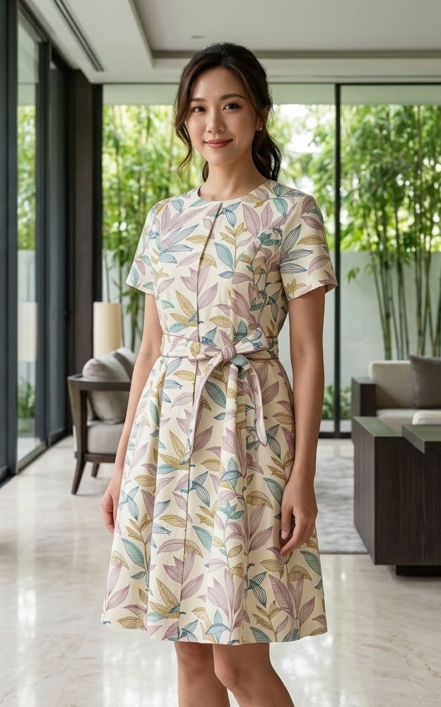 Esmeralda Leaf Printed Dress - Cream