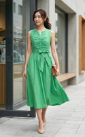Ruched Linen Dress - Green