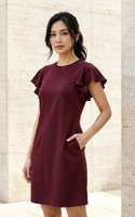Ruffle Sleeves Shift Dress - Burgundy