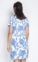 Side Ruched Porcelain Print Cheongsam - Blue