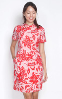 Side Ruched Porcelain Print Cheongsam - Red