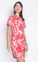Side Ruched Porcelain Print Cheongsam - Red
