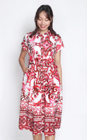 Tile Print Shirt Dress - Red