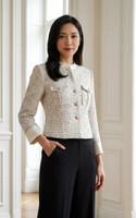Mandarin Collar Tweed Jacket - Cream