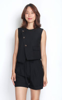 Asymmetrical Overlap Vest Top - Black