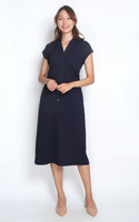 Side Ruched Collared Midi Dress - Navy