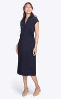Side Ruched Collared Midi Dress - Navy