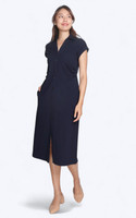 Side Ruched Collared Midi Dress - Navy