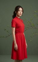 Pingxi Sleeved Cheongsam Dress - Red