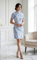 Lunar Porcelain Sleeved Cheongsam - Blue