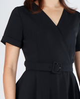 Ava V-Neck Sleeved Dress - Black