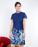 Jardin Peacock Batik Cheongsam Dress - Navy