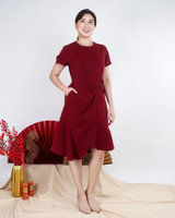 Lauren Ruffled Overlap Midi Dress - Burgundy