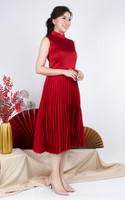 Athena Satin Pleated Cheongsam Dress - Burgundy