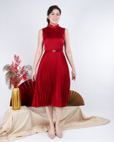 Athena Satin Pleated Cheongsam Dress - Burgundy