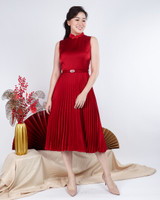 Athena Satin Pleated Cheongsam Dress - Burgundy